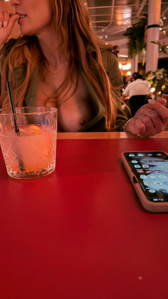 Mature mom flashing her tit on first date with younger man at restaurant, cougar MILF public tease